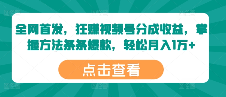 全网首发，狂赚视频号分成收益，掌握方法条条爆款，轻松月入1万+-赚钱网