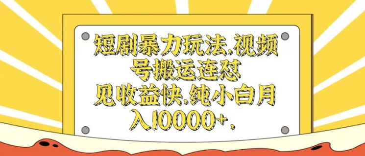短剧暴力玩法，视频号搬运连怼，见收益快，纯小白月入1w-赚钱网
