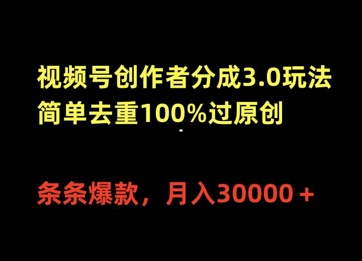 视频号创作者分成3.0玩法，简单去重100%过原创，条条爆款，月入30000＋-赚钱网