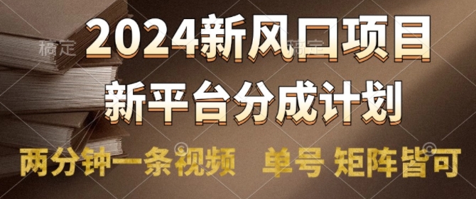 2024风口项目，新平台分成计划，两分钟一条视频，单号 矩阵皆可操作轻松上手月入9000+-赚钱网