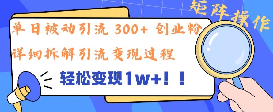 单日被动引流 300+ 创业粉，轻松变现1w+，矩阵操作详细拆解引流变现过程-赚钱网