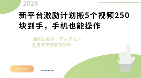 新平台激励计划搬5个视频250块到手，手机也能操作，保姆级教学-赚钱网