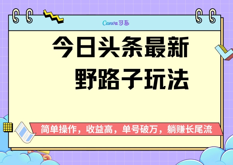 头条最新野路子玩法，无成本简单上手，无脑操作，新手单号过W-赚钱网