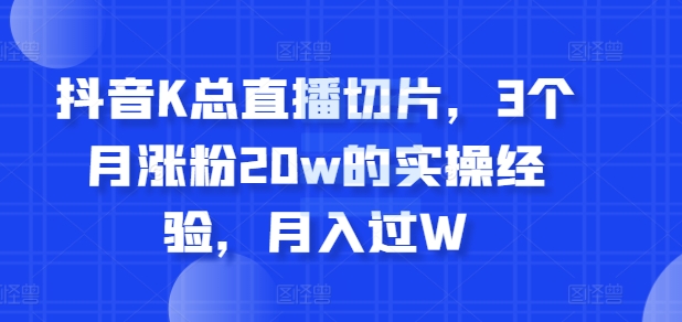 抖音K总直播切片，3个月涨粉20w的实操经验，月入过W-赚钱网