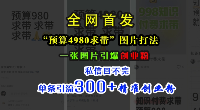 小红书“预算4980带我飞”图片打法，一张图片引爆创业粉，私信回不完，单条引流300+精准创业粉-赚钱网