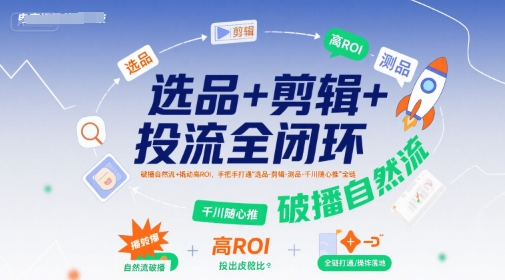 选品+剪辑+投流全闭环，破播自然流+撬动高ROI，手把手打通“选品-剪辑-测品-千川随心推”全链-赚钱网