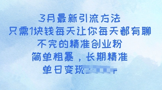 3月最新引流方法，只需1块钱每天让你每天都有聊不完的精准创业粉，简单粗暴，长期精准-赚钱网