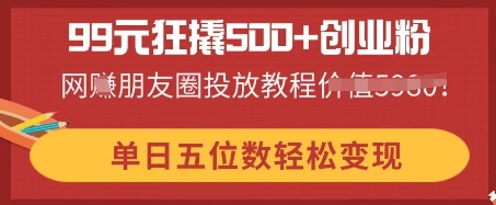 99元狂撬500+创业粉，单日五位数轻松变现，网创朋友圈投放教程-赚钱网