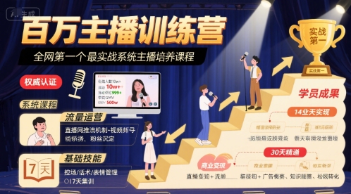 百万主播训练营，全网第一个最实战系统主播培养课程-赚钱网
