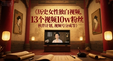 历史女性独白视频，13个视频10w粉丝，伙伴计划，视频号分成等-赚钱网