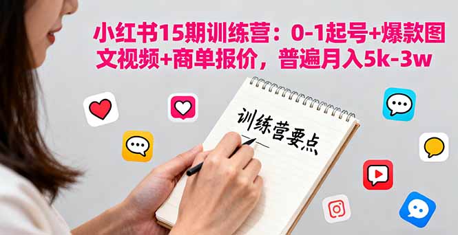 小红书15期训练营：0-1起号+爆款图文视频+商单报价，普遍月入5k-3w-赚钱网
