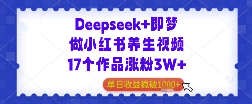 Deepseek+即梦做小红书养生视频17个作品涨粉3W+单日收益几张-赚钱网
