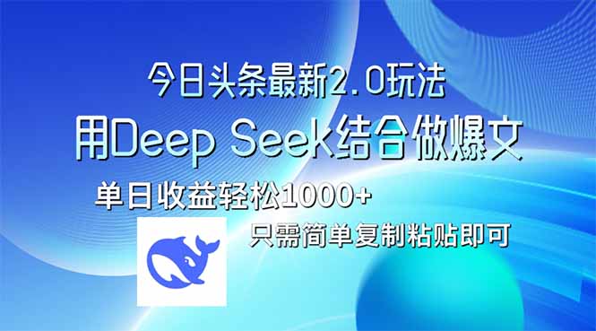 （14117期）今日头条最新2.0版本，用Deep Seek结合今日头条做爆文，单日收益轻松10…-赚钱网