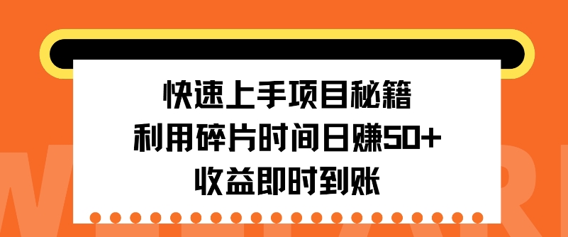 快速上手项目秘籍，利用碎片时间日入50+，收益即时到账-赚钱网