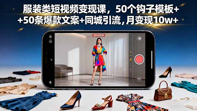 服装类短视频变现课，50个钩子模板+50条爆款文案+同城引流，月变现10w+-赚钱网