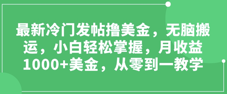 最新冷门发帖撸美金，无脑搬运，小白轻松掌握，月收益1000+美金，从零到一教学-赚钱网