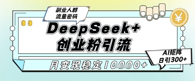 DeepSeek+创业粉精准引流，全新分享课4.0玩法，AI矩阵日引300+，多种变现方式，稳定月入1W-赚钱网