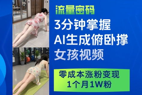 3分钟掌握AI生成俯卧撑女孩视频，零成本涨粉变现，1个月1W粉-赚钱网