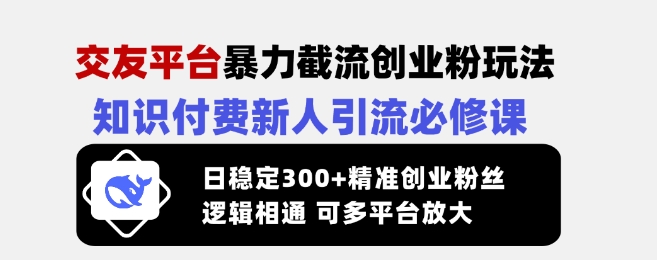 交友平台暴力截流创业粉玩法，知识付费新人引流必修课，日稳定300+精准创业粉丝，逻辑相通可多平台放大-赚钱网