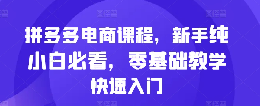 拼多多电商课程，新手纯小白必看，零基础教学快速入门-赚钱网