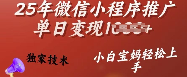 25年微信小程序推广单日变现多张，独家技术，小白宝妈轻松上手【揭秘】-赚钱网