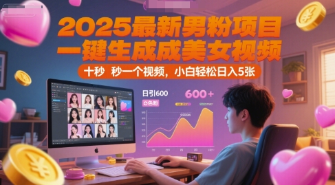 2025最新男粉项目，一键生成美女视频，日引600+色粉 十秒一个视频，小白轻松日入5张【揭秘】-赚钱网