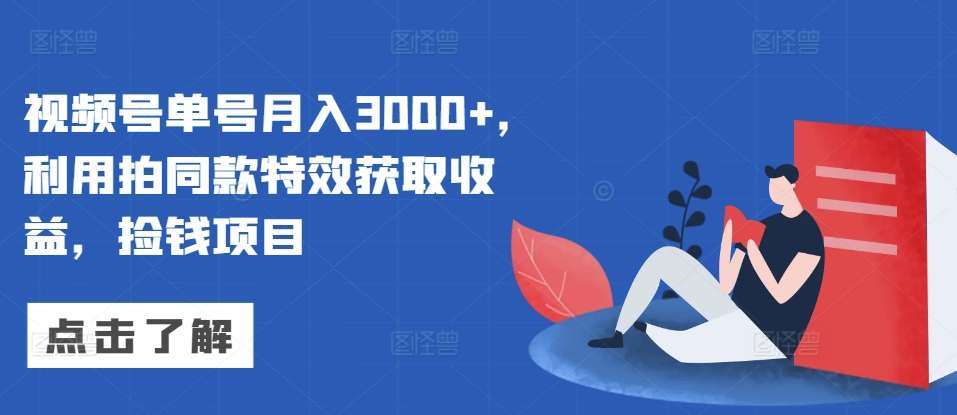 视频号单号月入3000+，利用拍同款特效获取收益，捡钱项目-赚钱网