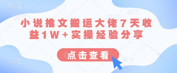 小说推文搬运大佬7天收益1W+实操经验分享-赚钱网