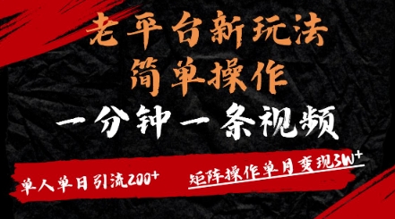 老平台，新玩法，简单操作，一分钟一条视频，单人单人引流200+矩阵操作，单月变现过w-赚钱网