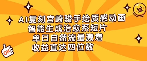 AI复刻宫崎骏手绘质感动画，智能生成治愈系短片，单日自然流量激增，收益直达四位数-赚钱网