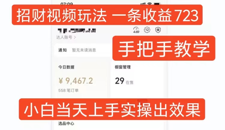 招财视频玩法，一条视频收益723，手把手教学，小白当天可上手-赚钱网