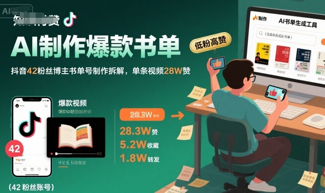 AI制作爆款书单，抖音42粉丝博主书单号制作拆解，单条视频28W赞-赚钱网