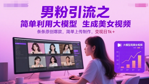 男粉引流之简单利用大模型生成美女视频，条条原创爆款，简单上传制作，变现日1k+-赚钱网