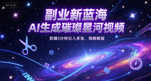 副业新蓝海，AI生成璀璨星河视频，剪辑5分钟日入多张，保姆教程-赚钱网
