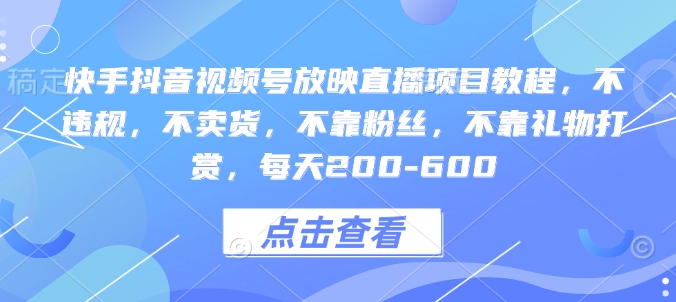 快手抖音视频号放映直播项目教程，不违规，不卖货，不靠粉丝，不靠礼物打赏，每天200-600-赚钱网