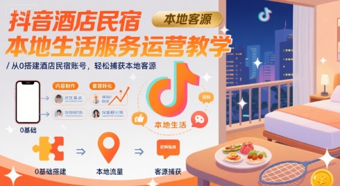 抖音酒店民宿本地生活服务运营教学，从0搭建酒店民宿账号，轻松捕获本地客源-赚钱网
