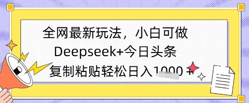 全网最新玩法，Deepseek+今日头条，只需要简单的复制粘贴即可，小白可做，日入多张-赚钱网
