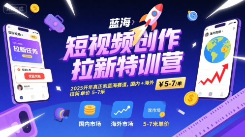 短视频创作拉新特训营，2025开年真正的蓝海赛道，国内+海外，拉新单价5-7米-赚钱网