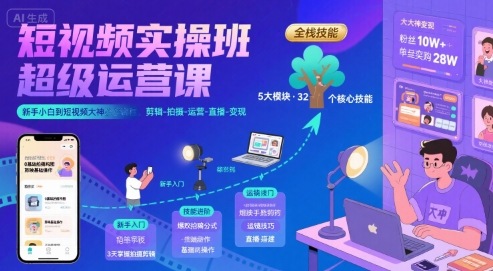 短视频实操班超级运营课，新手小白到短视频大神必修课程，剪辑-拍摄-运营-直播-变现-赚钱网