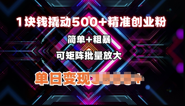 低价撬动500+精准创业粉，简单、粗暴、批量放大，单日变现多张-赚钱网