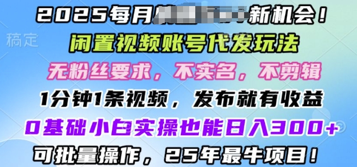 2025闲置视频账号一键代发玩法，0粉不实名不剪辑，领了视频直接发，0基础小白也能日入3张-赚钱网