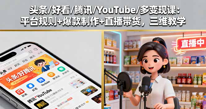 头条/好看/腾讯/YouTube/多变现课：平台规则+爆款制作+直播带货，三维教学-赚钱网