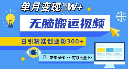无脑搬运视频号可批量复制，新手即可操作，日引精准创业粉300+，月变现过W 【揭秘】-赚钱网
