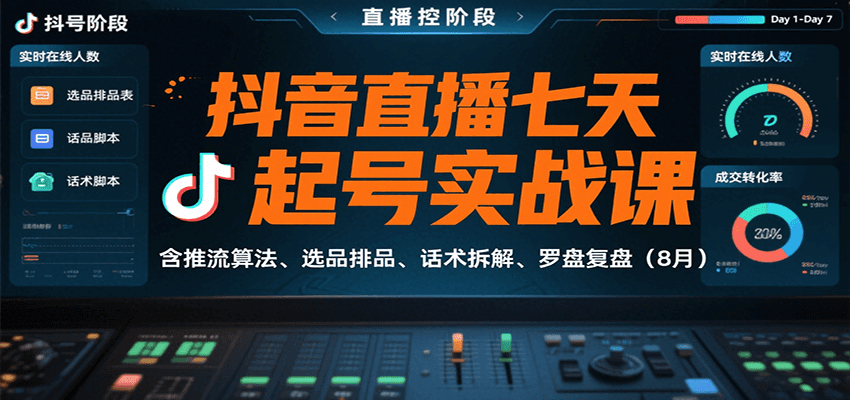 抖音直播七天起号实战课：含推流算法、选品排品、话术拆解、罗盘复盘（8月）-赚钱网