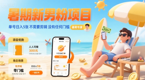 暑期新男粉项目 单号日入5张 不需要剪辑 没有任何门槛-赚钱网