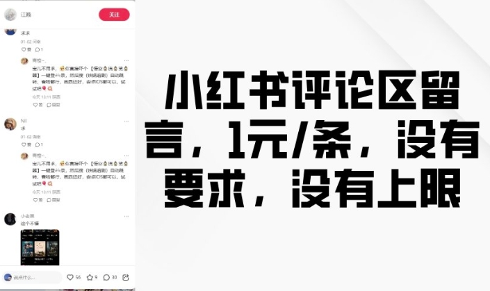小红书评论区留言，1元条，没有要求，没有上限-赚钱网