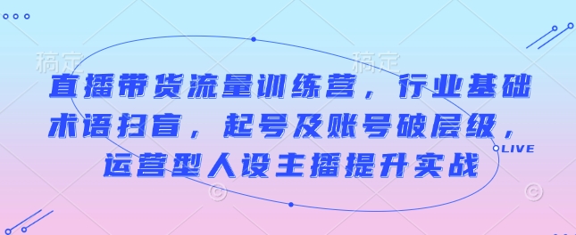 直播带货流量训练营，行业基础术语扫盲，起号及账号破层级，运营型人设主播提升实战-赚钱网