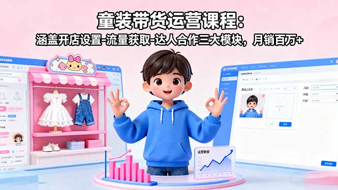 童装带货运营课程：涵盖开店设置-流量获取-达人合作三大模块，月销百万+-赚钱网