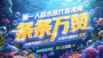 第一人称水族代言视频，条条万赞，20条作品涨粉7.8W，多种变现方式月入五位数-赚钱网