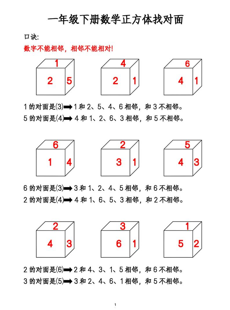 一年级下册数学正方体找对面-赚钱网